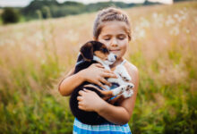 little girl holds a puppy on her arms scaled 1