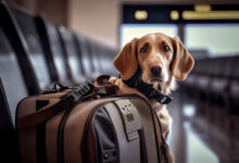 cute puppy sitting luggage waiting travel generative ai