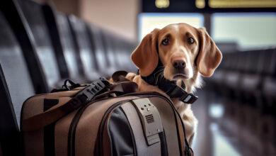 cute puppy sitting luggage waiting travel generative ai